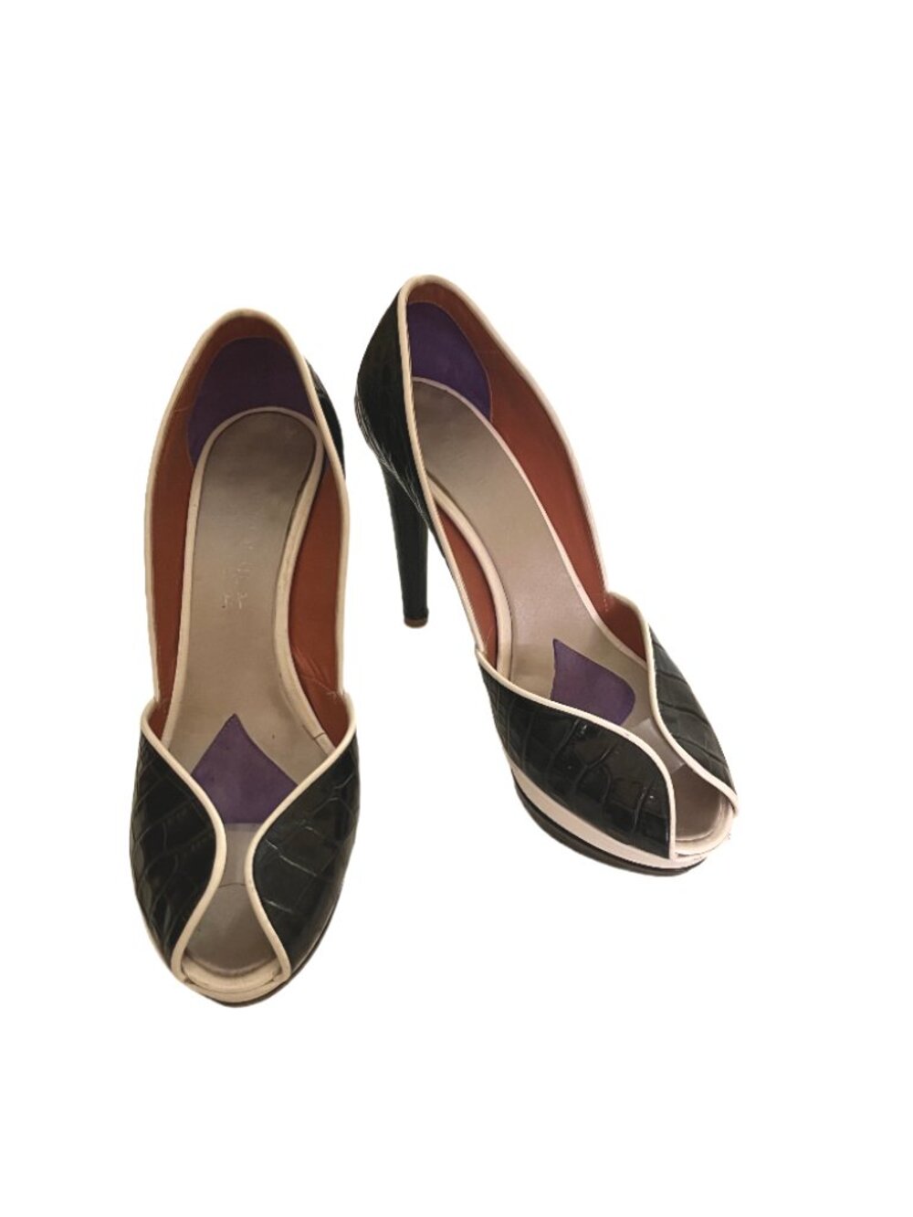 Guilaume Hinfray Black/White Crocodile Leather Print Open Toe Pumps Size 36 (6)